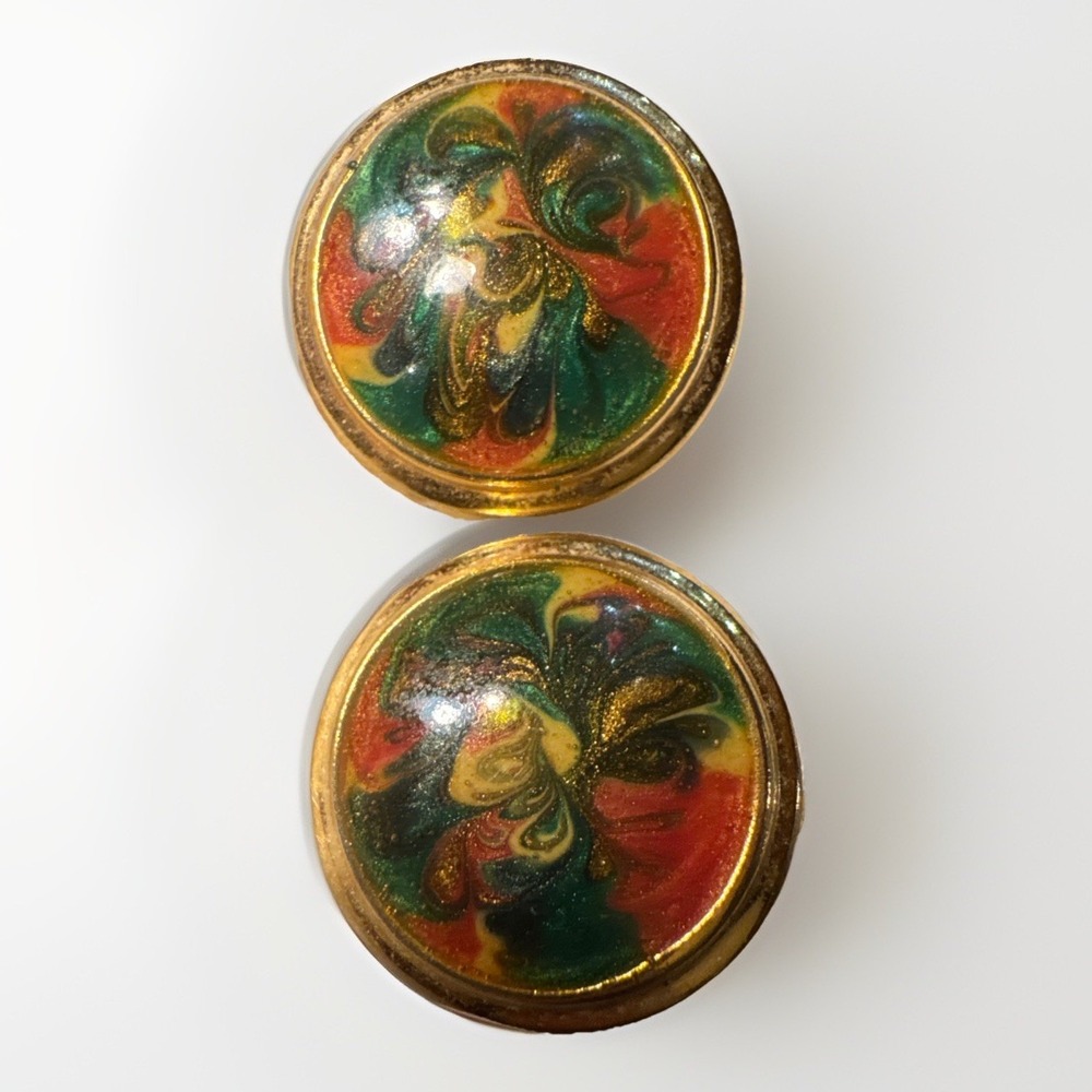 Vintage Multi Color Swirl Enamel Gold Tone Round Stud Earrings 1 Inch